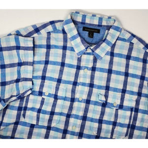 Banana‎ Republic Men's Linen Blend Short Sleeve Button Up Shirt XL Blue Check